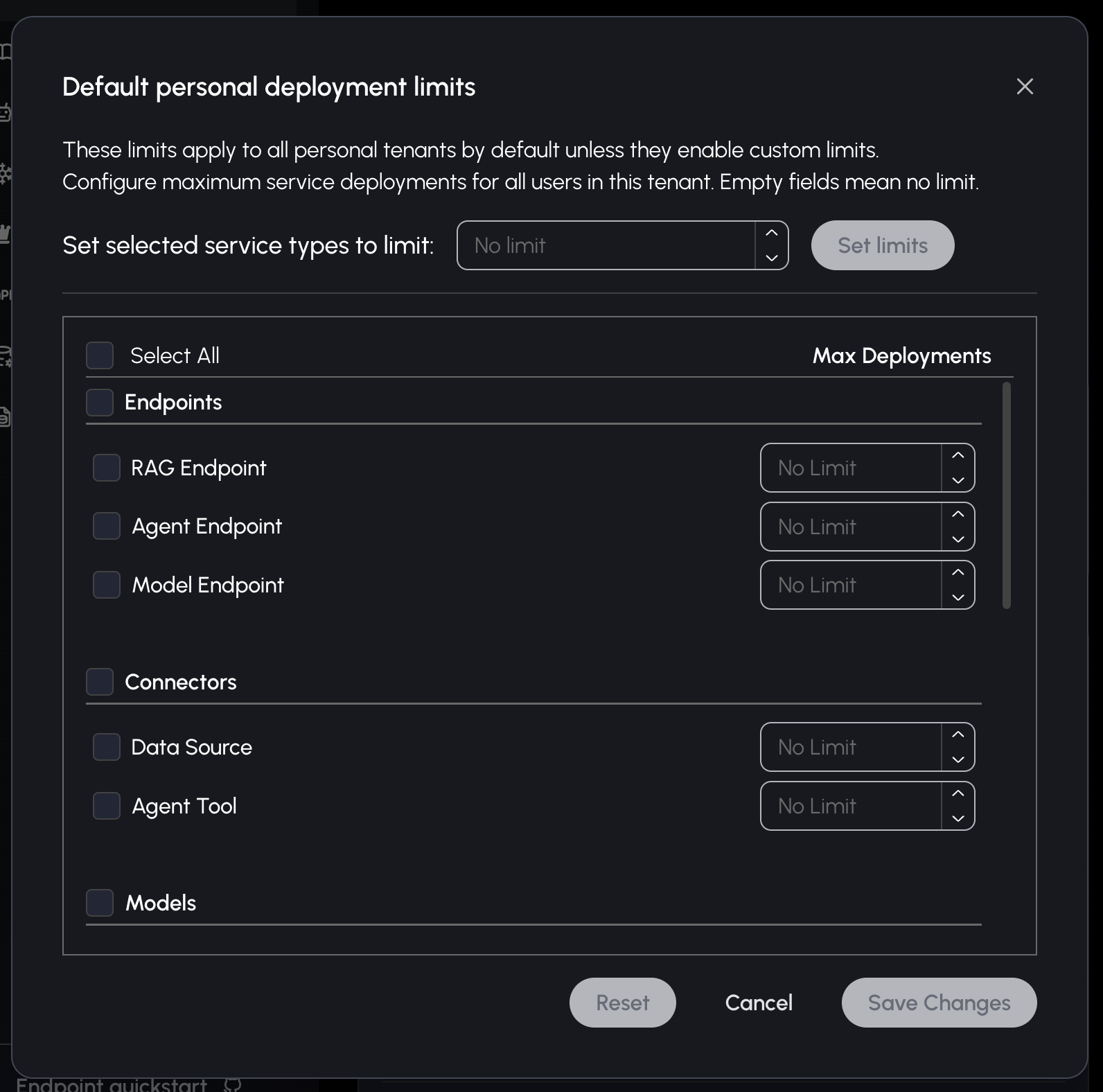 Default personal limits modal