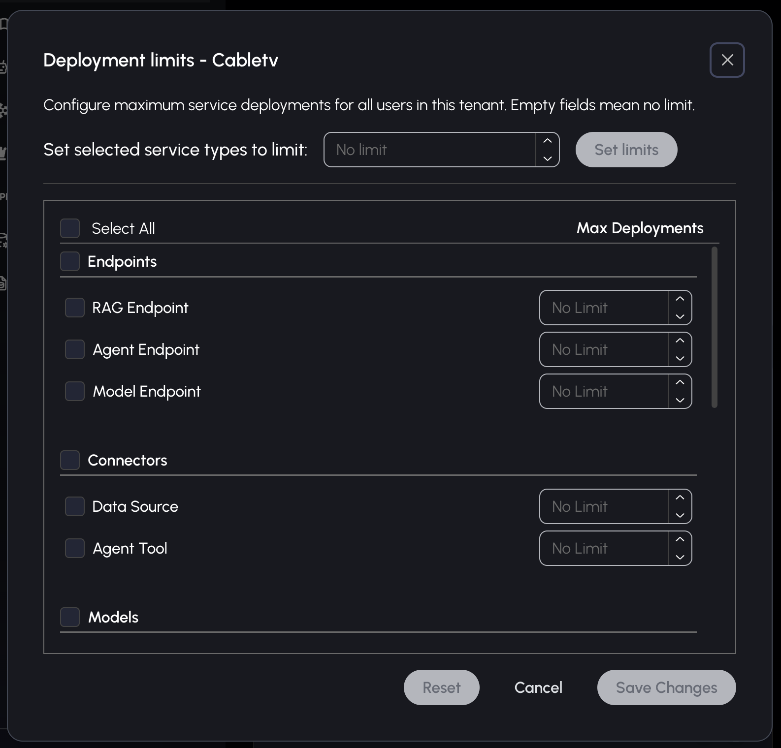 Tenant limits modal
