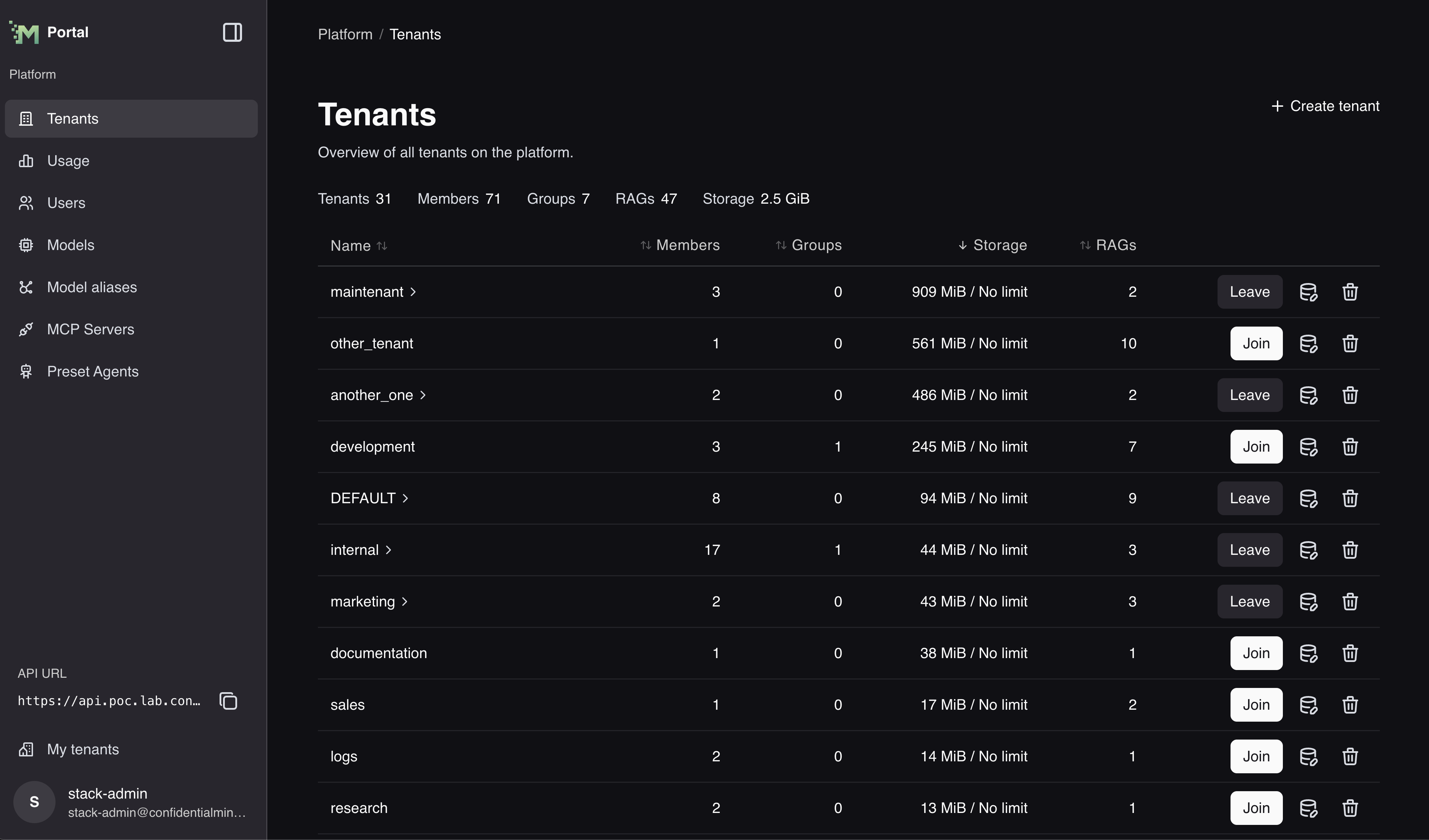 Portal tenant storage
