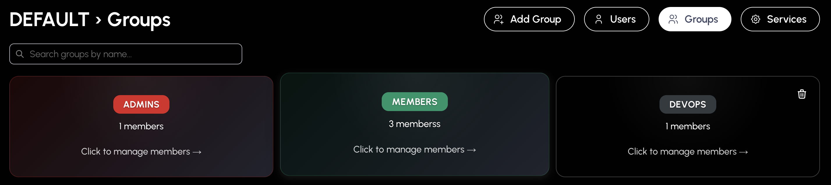 Groups tab showing tenant groups with member counts and management options