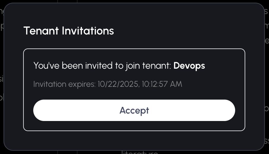 Tenant invitations interface showing pending invitations and their status