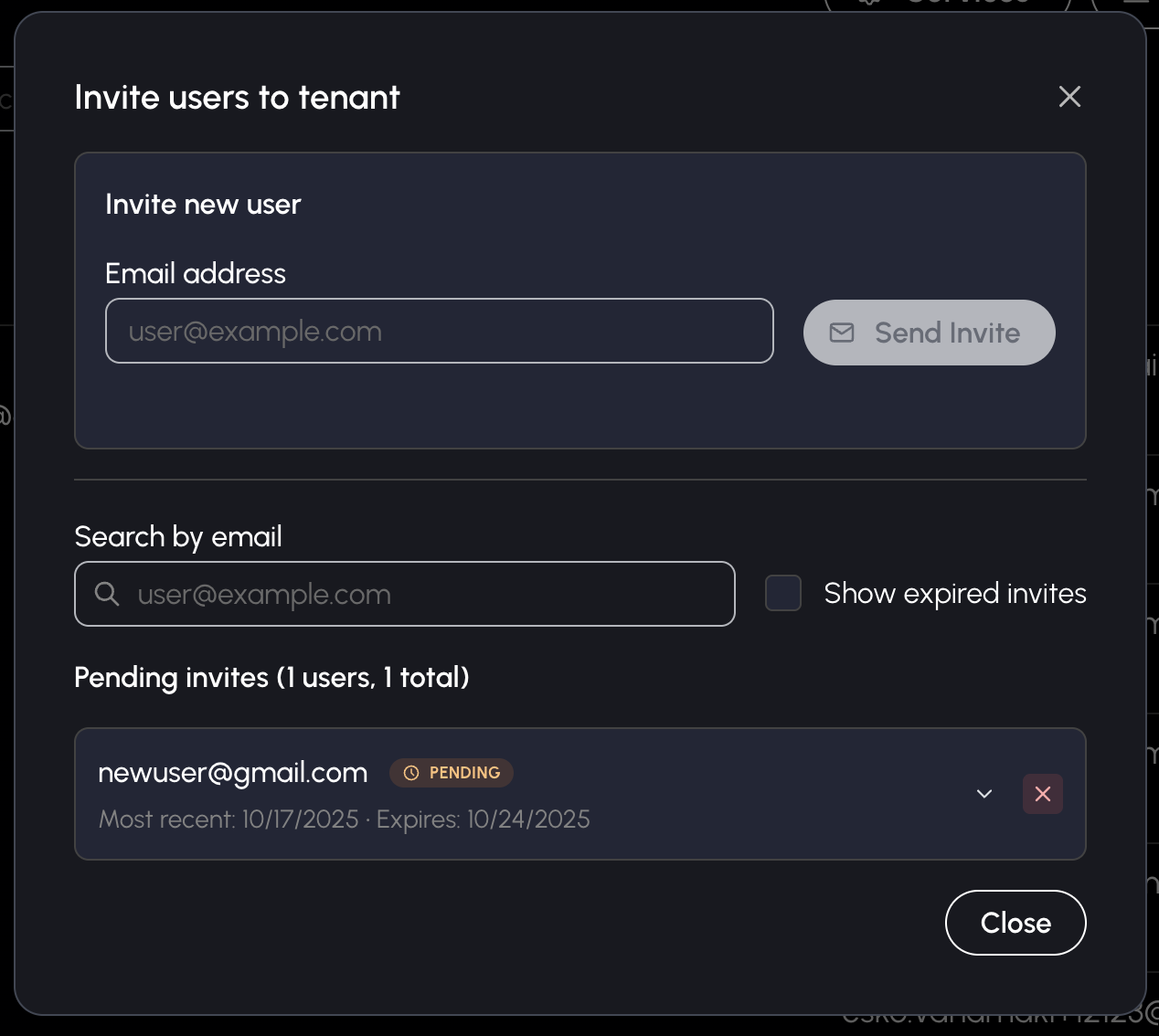 Tenant invitation interface showing how to invite users to a tenant