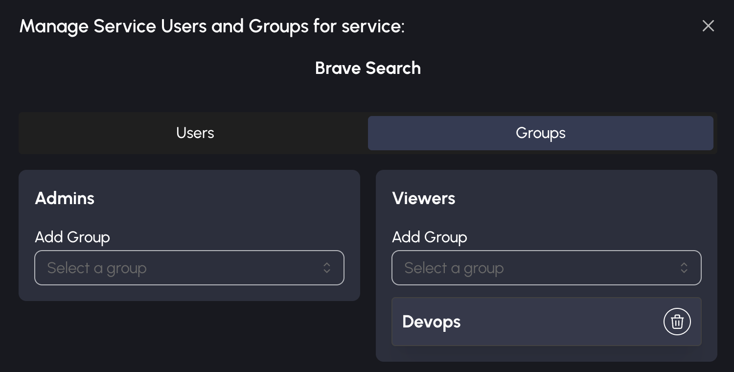 Service user and group management interface with permission assignment options
