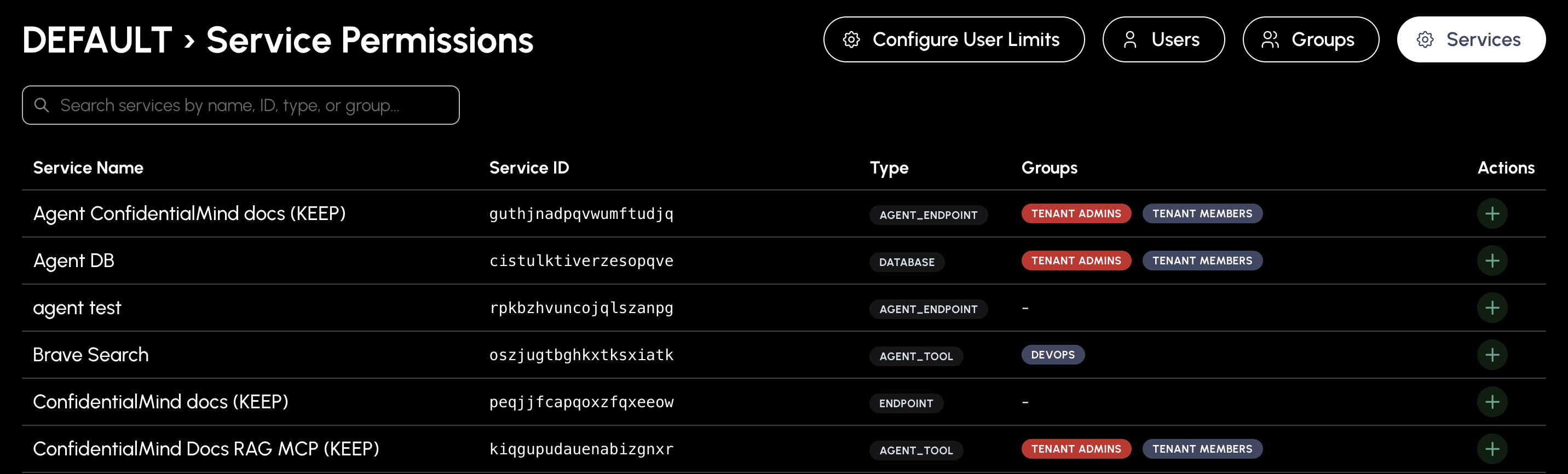 Services tab showing tenant services with group assignments and permission management