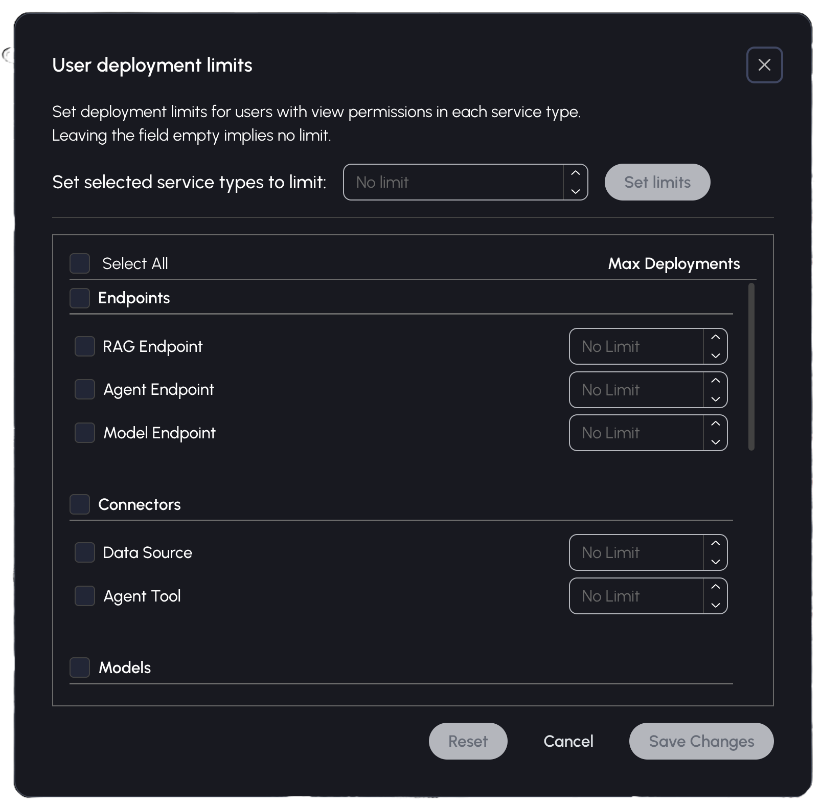 User deployment limits configuration interface for controlling service deployment quotas