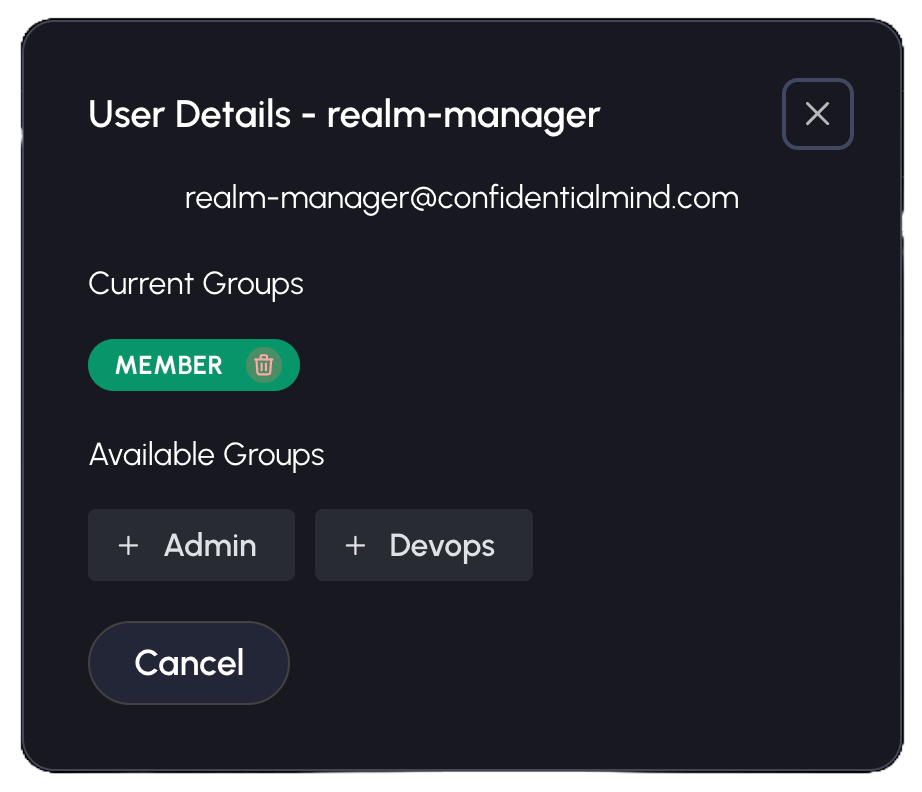 User details modal showing individual user group management options