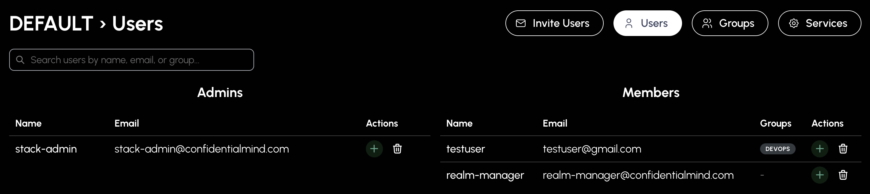 Users tab showing tenant members and administrators with their group memberships